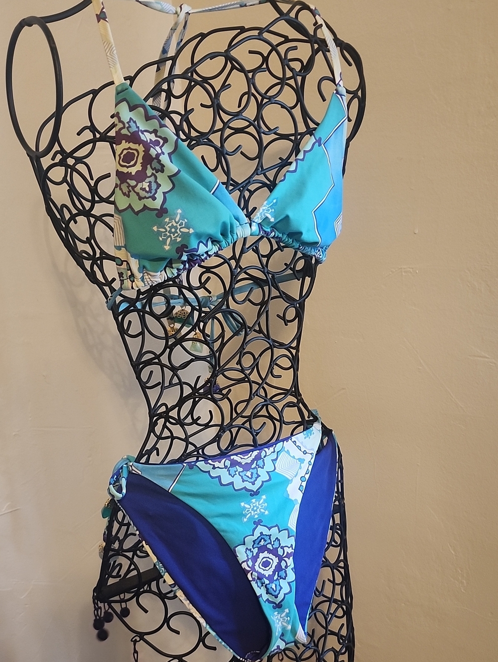 H&M Turquoise and Navy Patterned Triangle Bikini Set